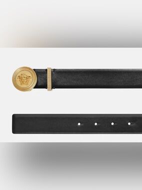 Versace Black Leather Belt with Gold Medusa Disc Buckle 3cm wide. Unisex.